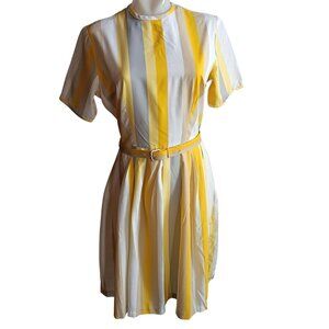 sz 8 Vintage Rockabilly Dress 1950's Jane Ann Yellow White Striped Belted USA